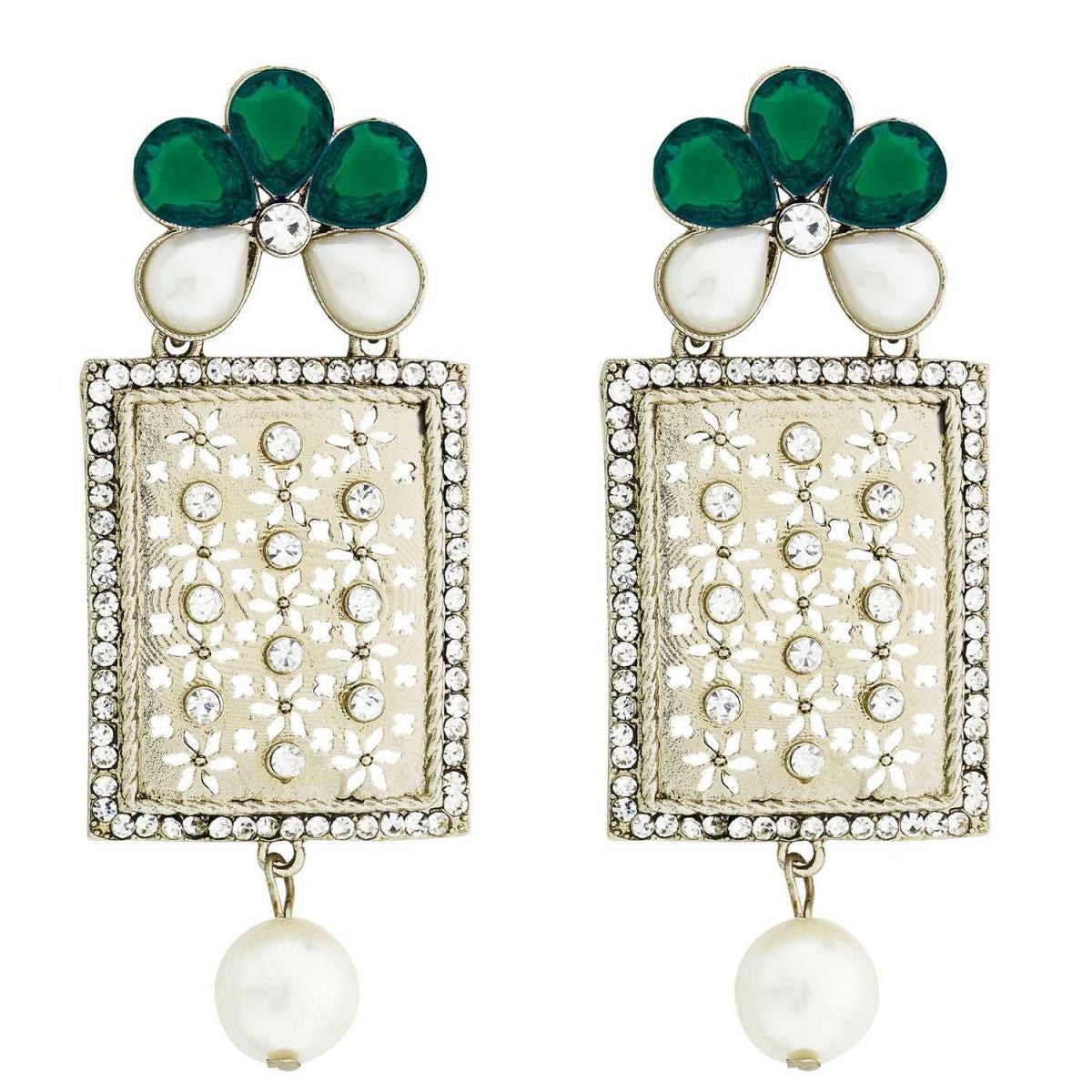 Designer American Diamond Green Pearl Rhodium Long Earring For Women