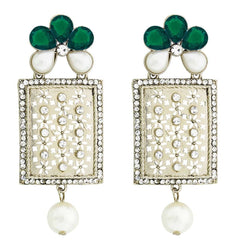 Designer American Diamond Green Pearl Rhodium Long Earring For Women
