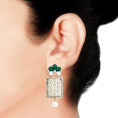 Designer American Diamond Green Pearl Rhodium Long Earring For Women