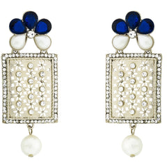 Designer American Diamond Blue Pearl Rhodium Long Earring For Women