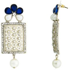 Designer American Diamond Blue Pearl Rhodium Long Earring For Women