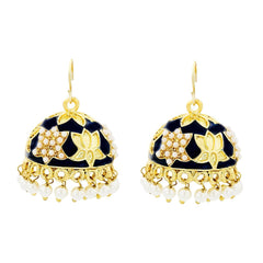 Lotus Gold Plated Black Meenakari Jhumki Earring For Women