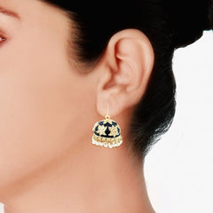 Lotus Gold Plated Black Meenakari Jhumki Earring For Women