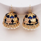 Lotus Gold Plated Black Meenakari Jhumki Earring For Women