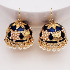 Lotus Gold Plated Black Meenakari Jhumki Earring For Women