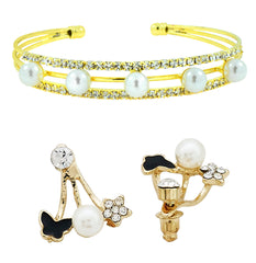 Flower Eternity Rose Gold Stud Earring + Cz Pearl Cuff Kada Combo