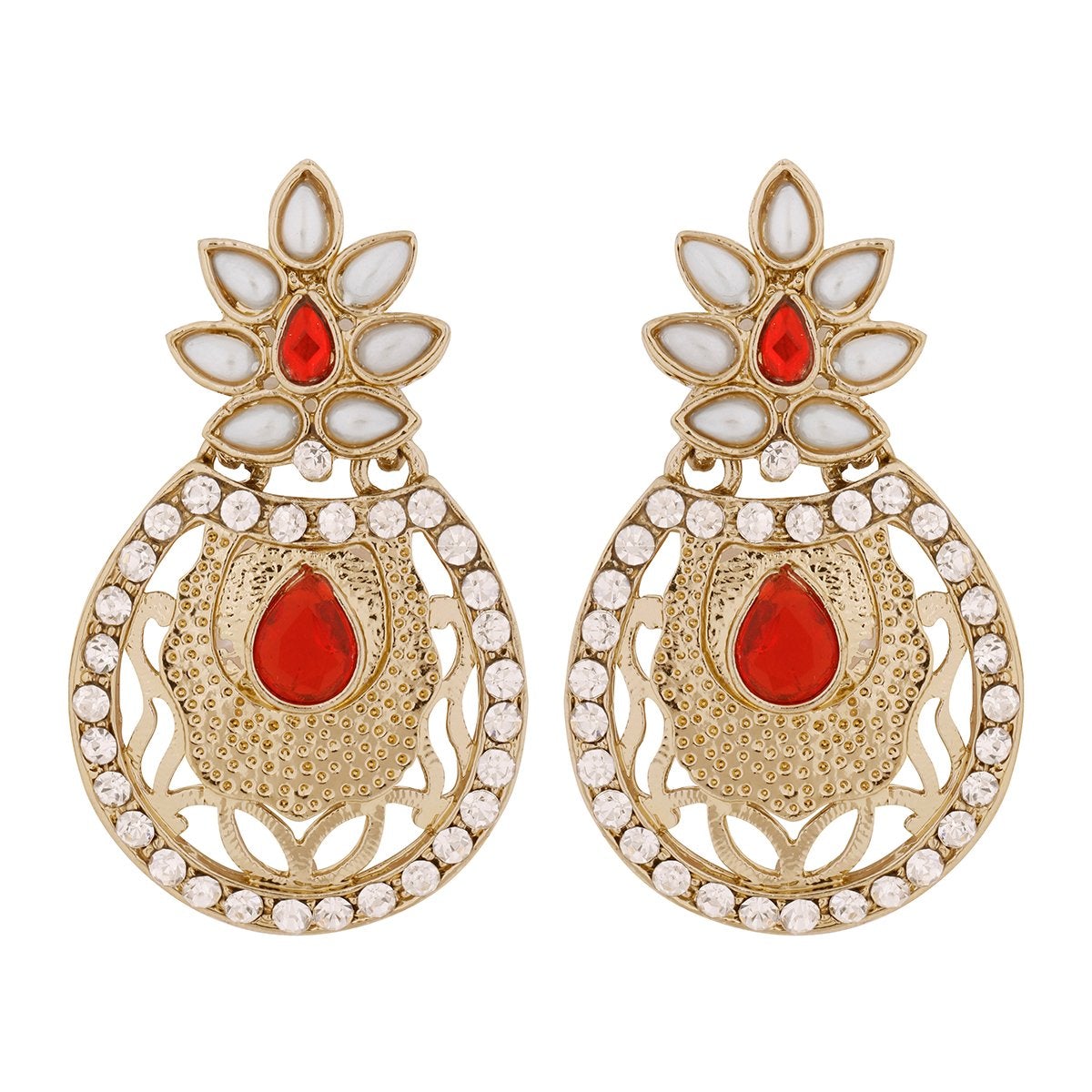 Flower Filigree Antique Rhodium Pearl Red Earring For Women