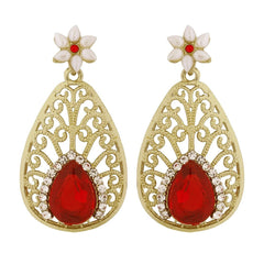 Pear Flower Filigree Antique Rhodium Pearl Red Earring For Women