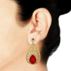 Pear Flower Filigree Antique Rhodium Pearl Red Earring For Women