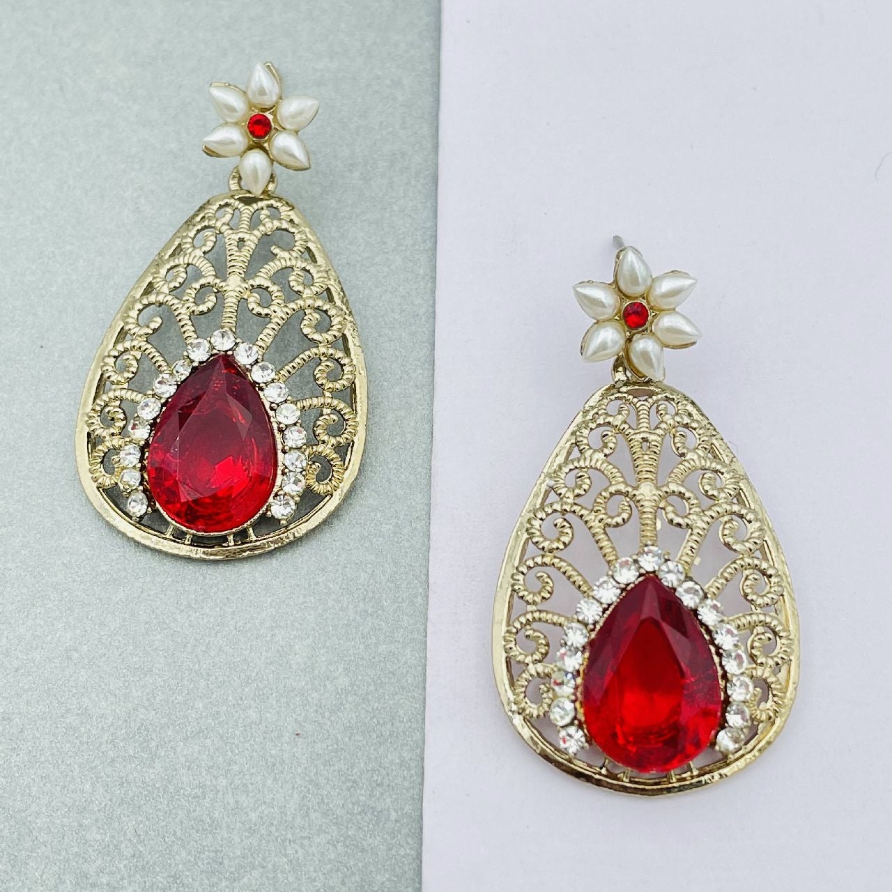 Pear Flower Filigree Antique Rhodium Pearl Red Earring For Women