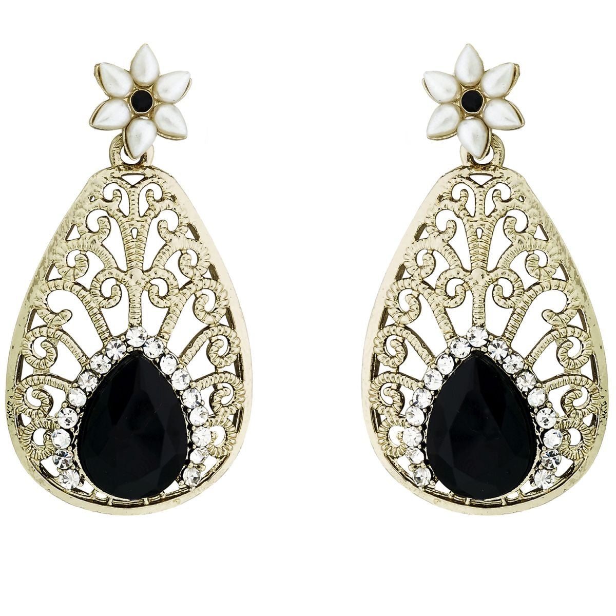 Pear Flower Filigree Antique Rhodium Pearl Black Earring For Women