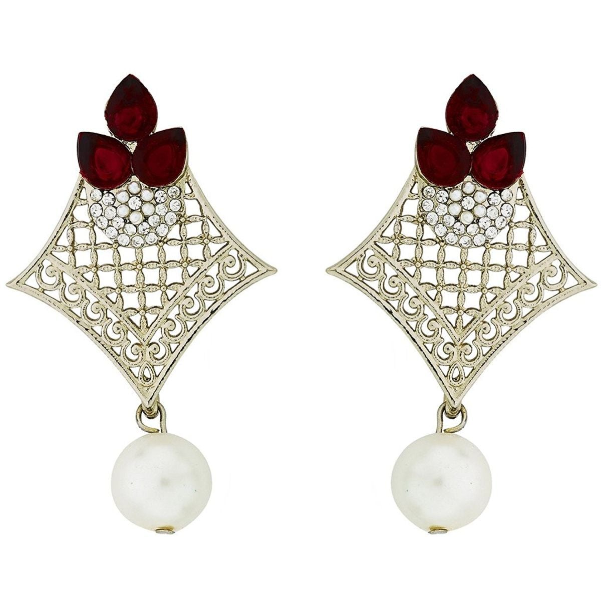 Pear Flower Filigree Antique Rhodium Pearl Red Earring For Women