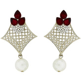 Pear Flower Filigree Antique Rhodium Pearl Red Earring For Women