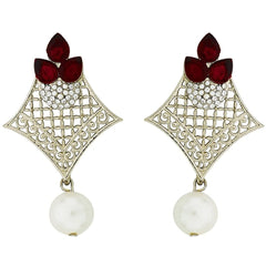 Pear Flower Filigree Antique Rhodium Pearl Red Earring For Women