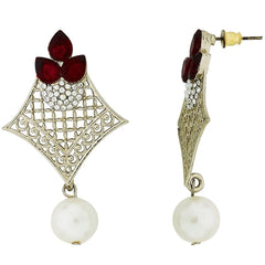 Pear Flower Filigree Antique Rhodium Pearl Red Earring For Women