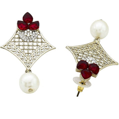 Pear Flower Filigree Antique Rhodium Pearl Red Earring For Women