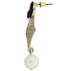 Pear Flower Filigree Antique Rhodium Pearl Red Earring For Women