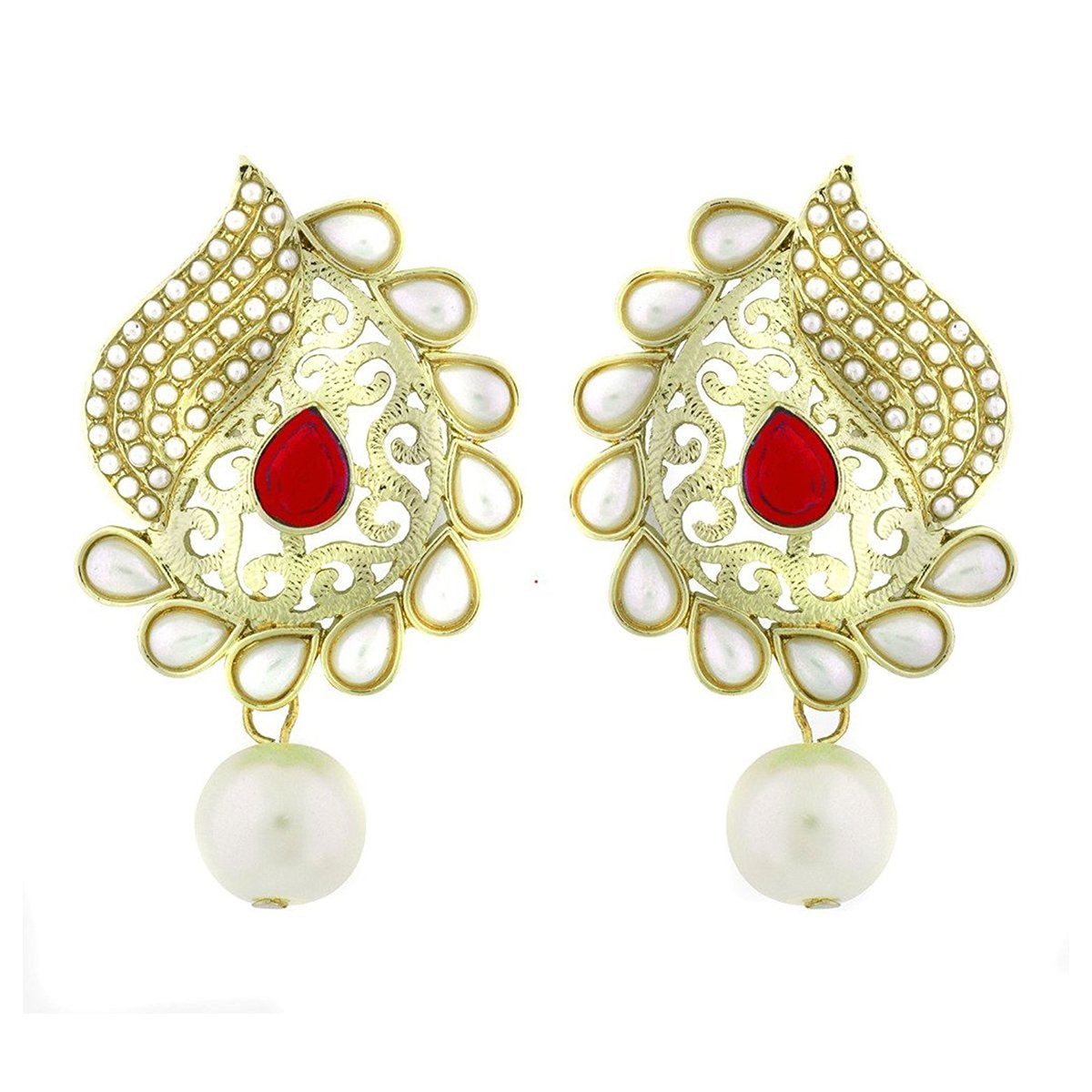Paisley Filigree Antique Rhodium Pearl Red Earring For Women