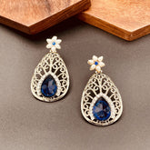 Pear Flower Filigree Antique Rhodium Pearl Blue Earring For Women