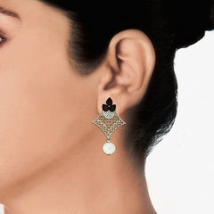 Pear Flower Filigree Antique Rhodium Pearl Black Earring For Women
