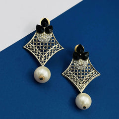 Pear Flower Filigree Antique Rhodium Pearl Black Earring For Women