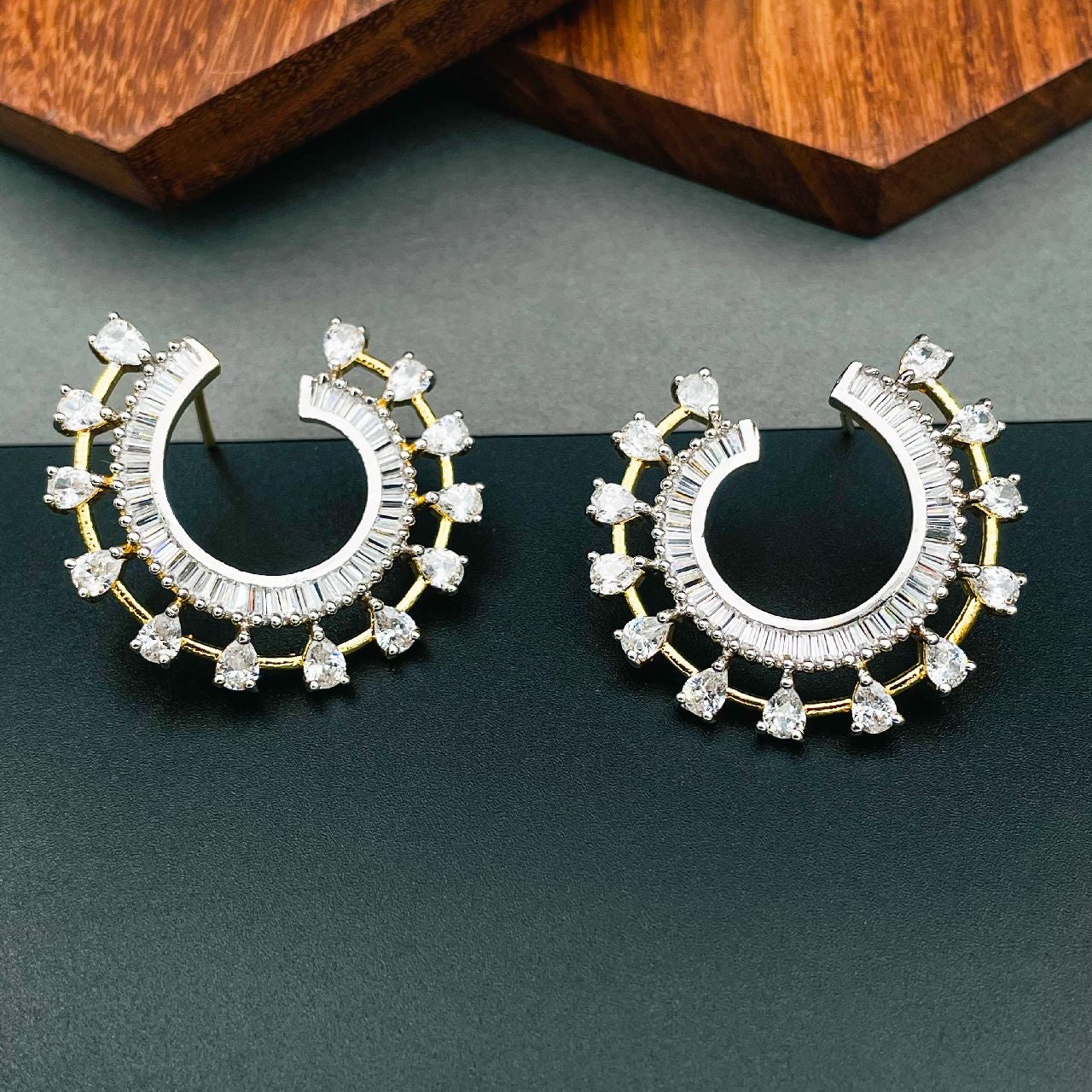 Chaand Crescent American Diamond Baguette 18K Gold Stud Earring