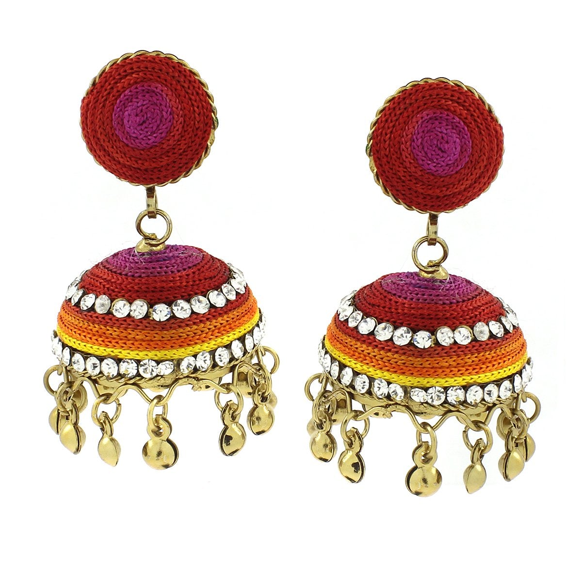 Vibrant Thread Red Pink Yellow Orange Antique Gold Jhumki Earring
