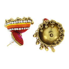 Vibrant Thread Red Pink Yellow Orange Antique Gold Jhumki Earring