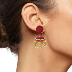 Vibrant Thread Red Pink Yellow Orange Antique Gold Jhumki Earring