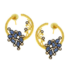 Flower Filigree Victorian Sapphire Blue Gold Crescent Stud Earring