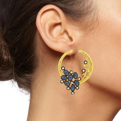 Flower Filigree Victorian Sapphire Blue Gold Crescent Stud Earring