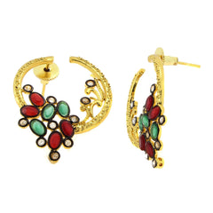Flower Filigree Victorian Red Green Gold Crescent Stud Earring
