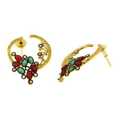 Flower Filigree Victorian Red Green Gold Crescent Stud Earring