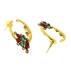 Flower Filigree Victorian Red Green Gold Crescent Stud Earring