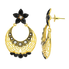 Filigree Flower Chaand Bali Black American Diamond Cz Gold Earring