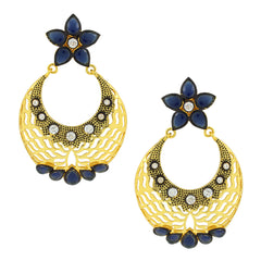 Flower Chaand Bali Sapphire Blue American Diamond Cz Gold Earring
