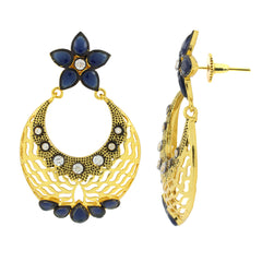 Flower Chaand Bali Sapphire Blue American Diamond Cz Gold Earring