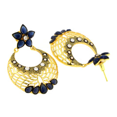 Flower Chaand Bali Sapphire Blue American Diamond Cz Gold Earring