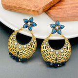 Flower Chaand Bali Sapphire Blue American Diamond Cz Gold Earring