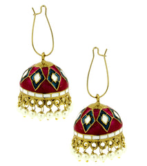 Maroon Blue White Gold Meenakari Pearl Enamel Jhumki Earring For Women