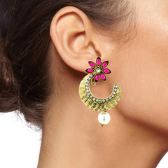 Flower Antique Gold Pink Pearl American Diamond Chaand Bali Earring