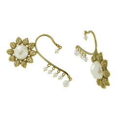 Sun Flower Pearl Antique Gold Plated Ear Cuff Pair Earring For Women