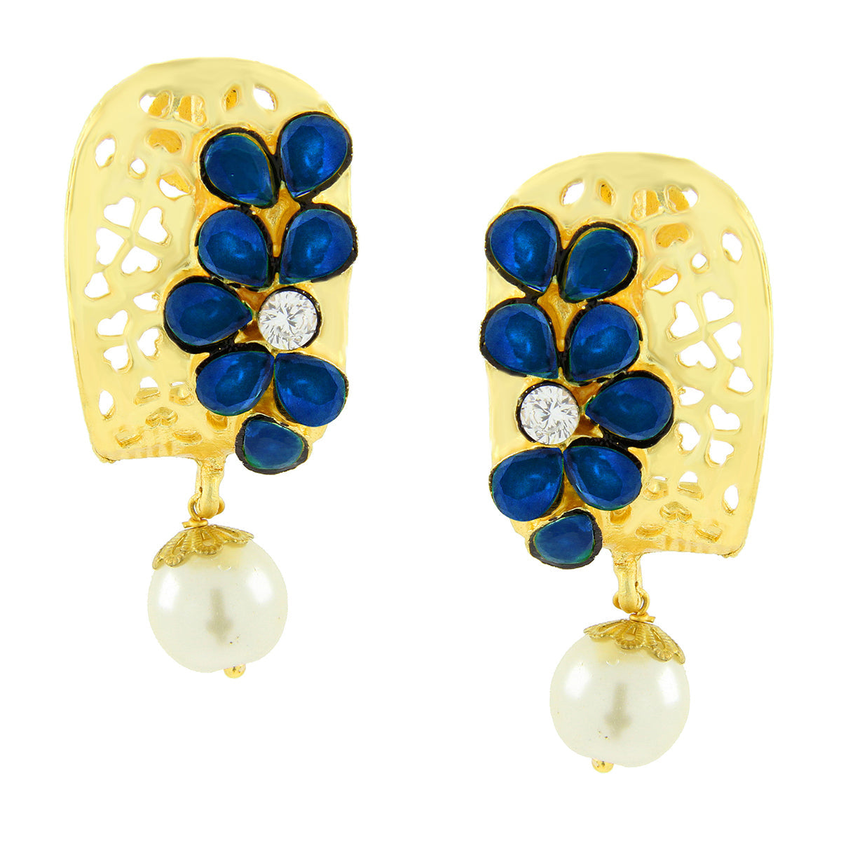 Victorian Matte Gold American Diamond Cz Sapphire Blue Stud Earring