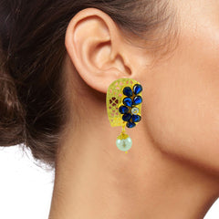 Victorian Matte Gold American Diamond Cz Sapphire Blue Stud Earring