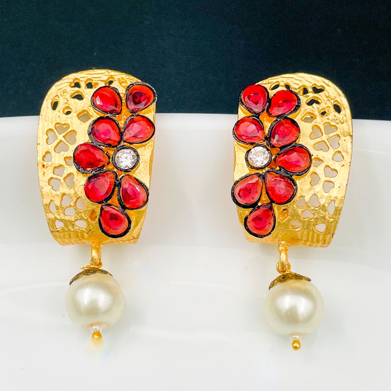 Victorian Matte Gold American Diamond Cz Ruby Red Stud Earring