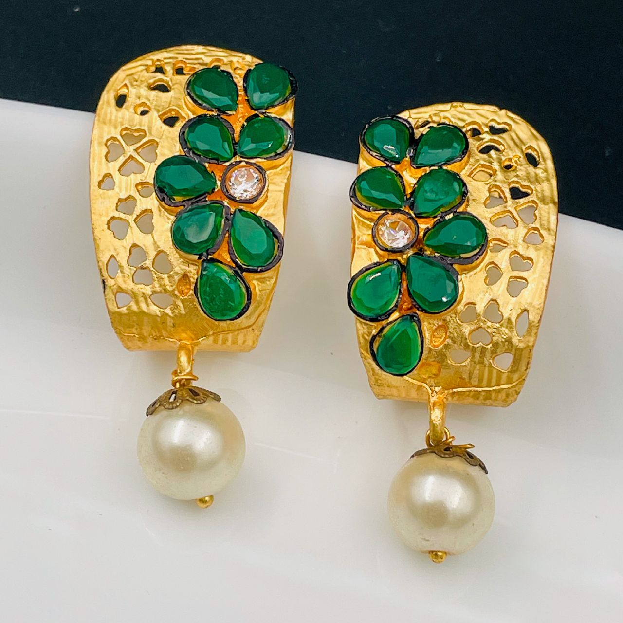 Victorian Matte Gold American Diamond Cz Emerald Green Stud Earring