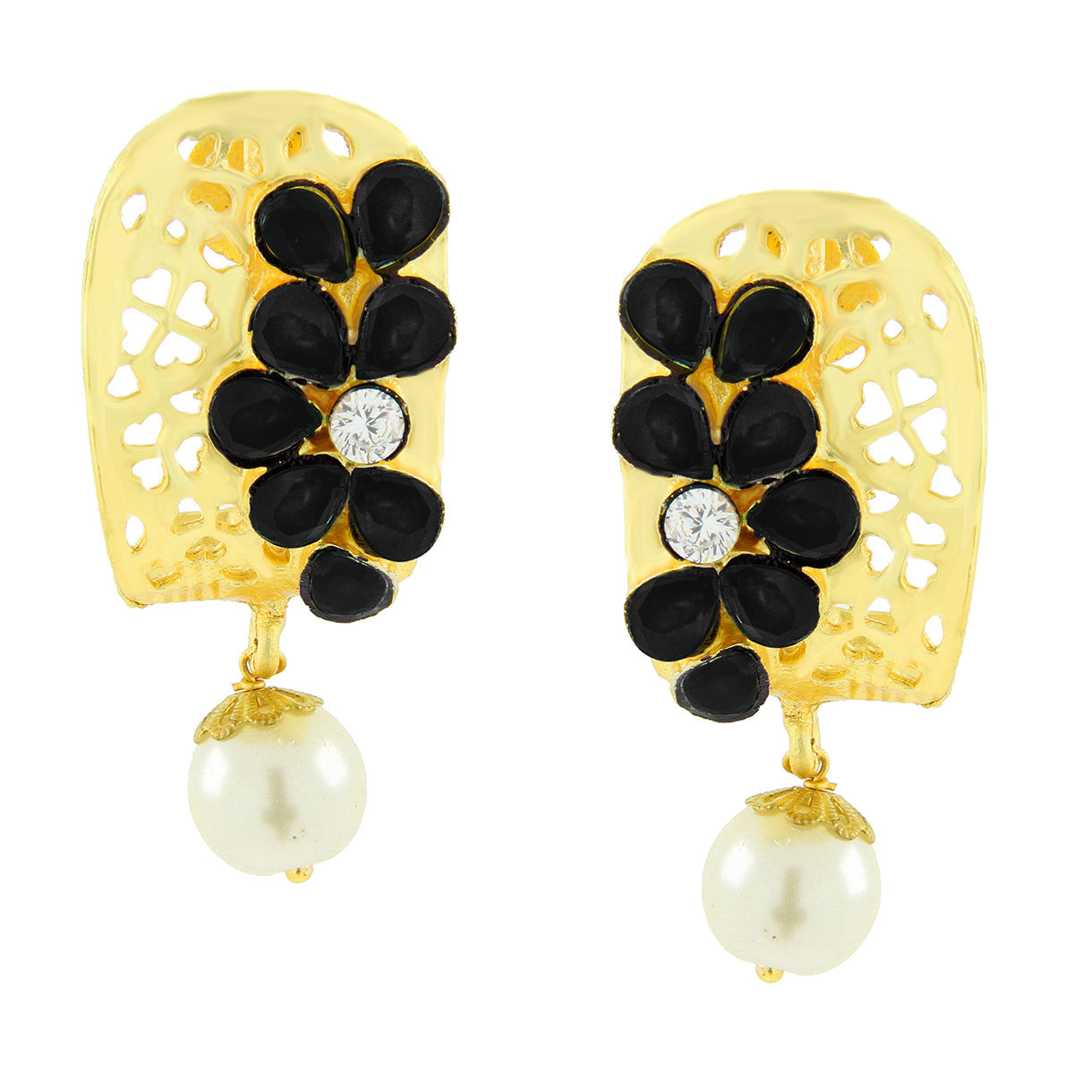 Victorian Matte Gold American Diamond Cz Spinel Black Stud Earring