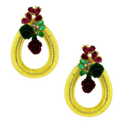 Designer Flower Gold American Diamond Red Green Earring For Women