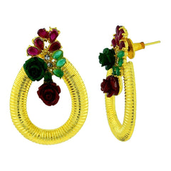 Designer Flower Gold American Diamond Red Green Earring For Women