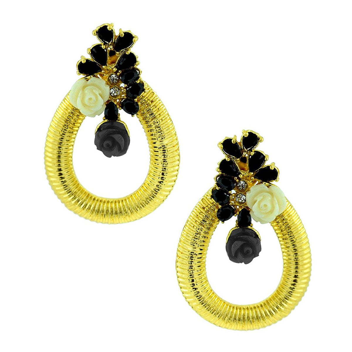 Designer Flower Gold American Diamond Black Off White Earring Women